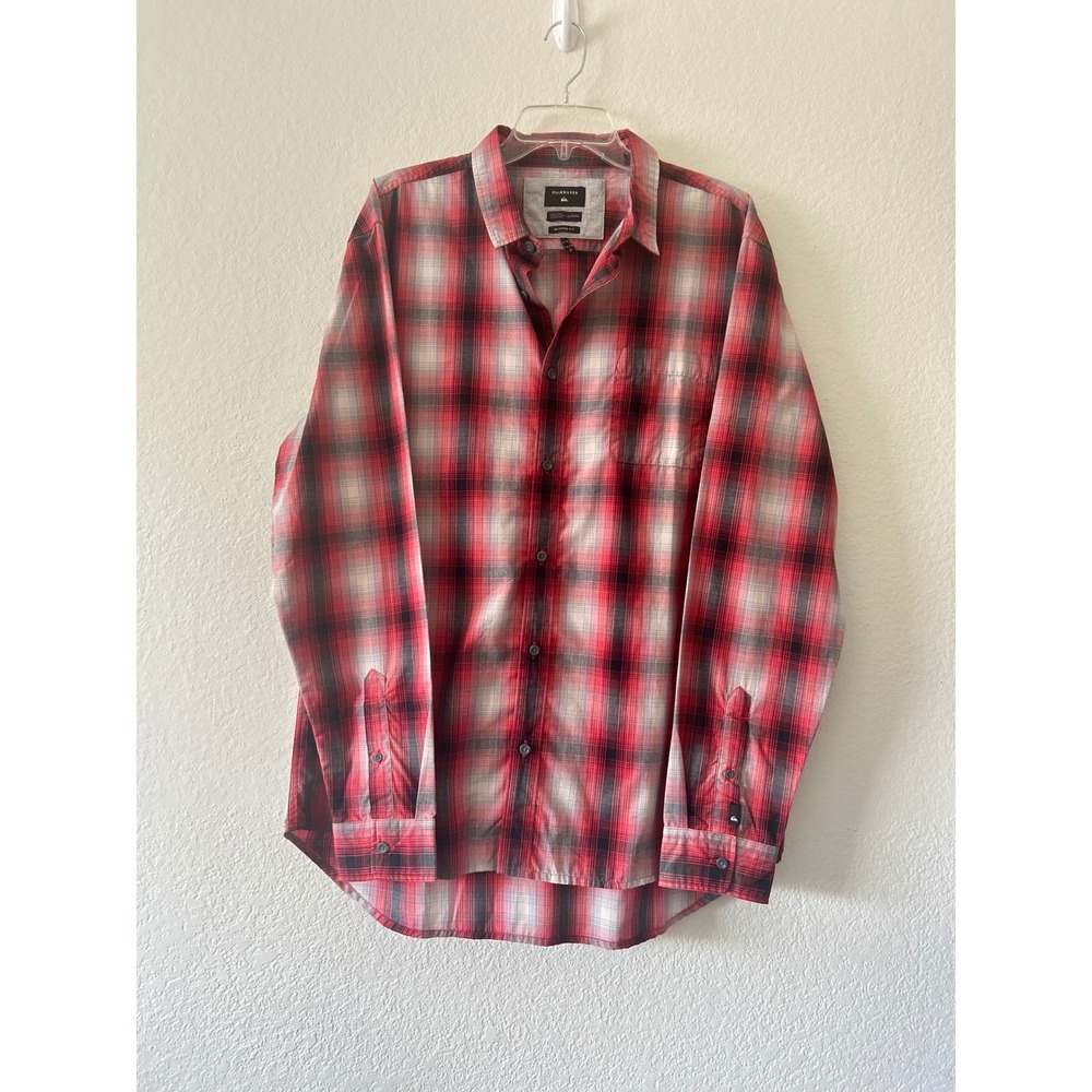 Quiksilver Mens XL Red Black Plaid Long Sleeveβ Button Down Shirt Modern Fit